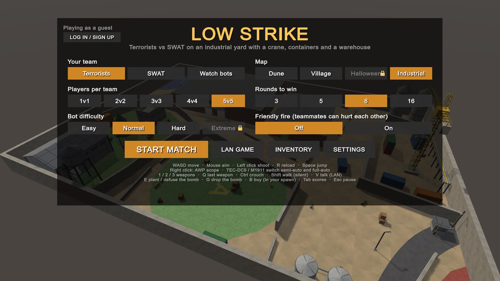 Main menu: team, map, players, bots, rounds and friendly fire