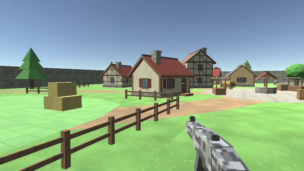 A round on the Village map: houses, a fence and an MP5