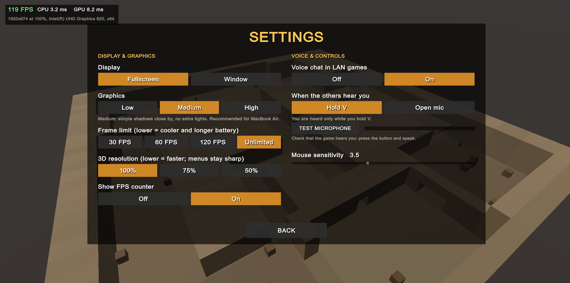 Settings: display, graphics, frame limit, 3D resolution and voice chat